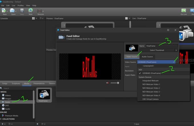 Screenshot: FlowFrame EasyWorship setup, step 2