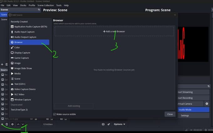 Screenshot: FlowFrame OBS Browser Source setup, step 2