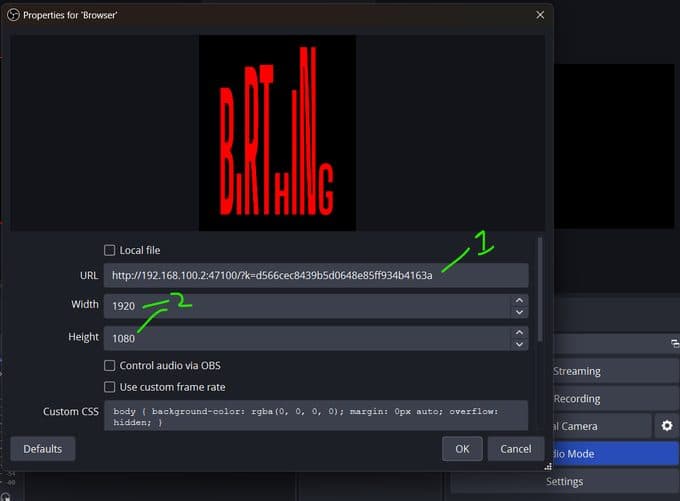 Screenshot: FlowFrame OBS Browser Source setup, step 3