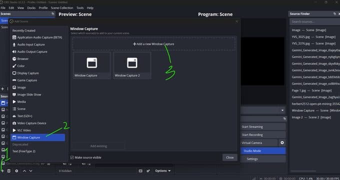 Screenshot: FlowFrame OBS window capture setup, step 2