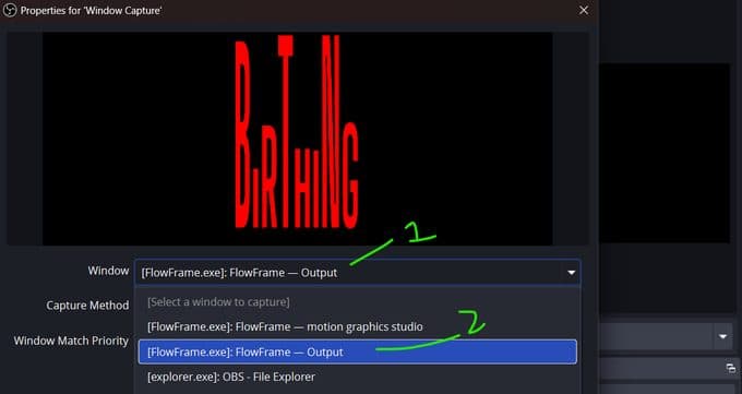 Screenshot: FlowFrame OBS window capture setup, step 3