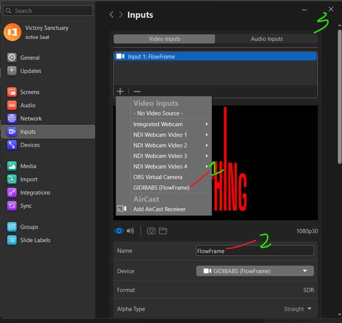 Screenshot: FlowFrame ProPresenter setup, step 3